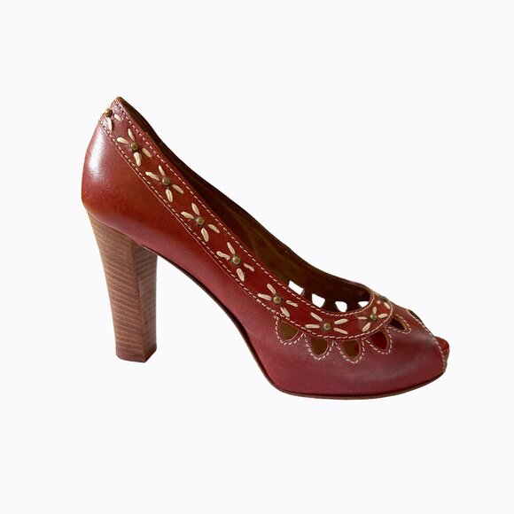 Vintage Kate Kuba Heels Sz 9/9.5 Italian Red Leather Open Toe Western Boho Y2K - Picture 1 of 11